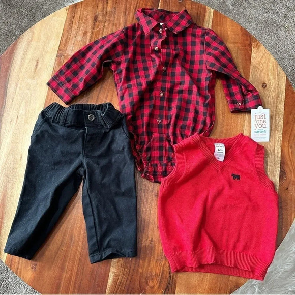 CARTERS Baby Boy 6Month Outfit Red‎ Plaid Vest Dressed Up - Picture 1 of 5